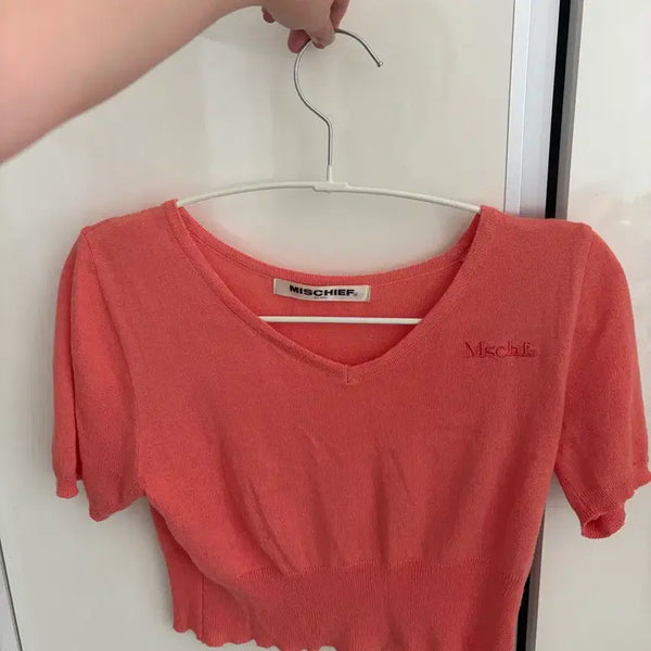 [BUNJANG] MSCHF Short Sleeve Cropped T-Shirt Coral / 미스치프 반팔 크롭 티셔츠