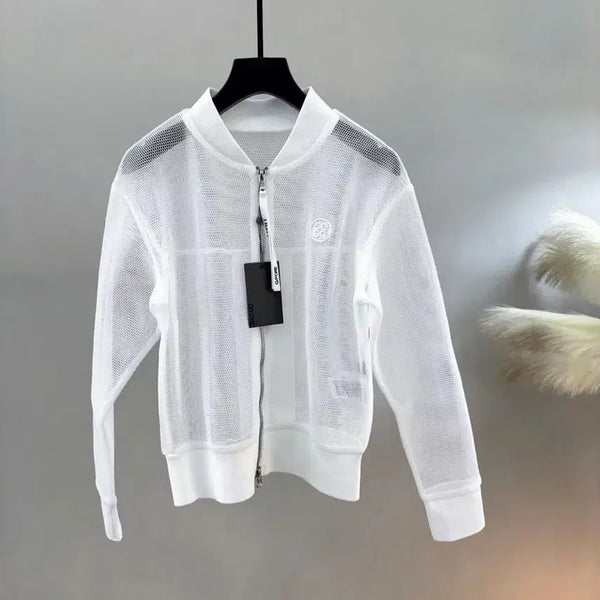 [BUNJANG] Women's Golf Mesh Zip-Up Jacket White & Black / 여성 골프 메쉬 집업 자켓 화이트&블랙