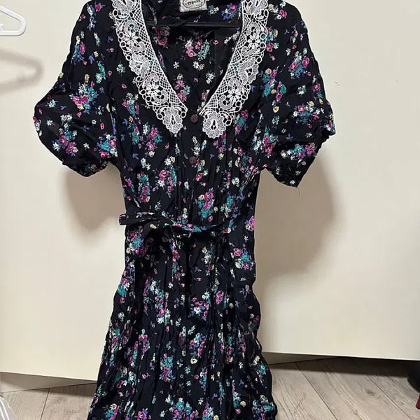 [BUNJANG] Vintage Floral Lace Ribbon Long Dress / 영국 이탈리아 빈티지 레이스 플라워 카라 롱 원피스 리본