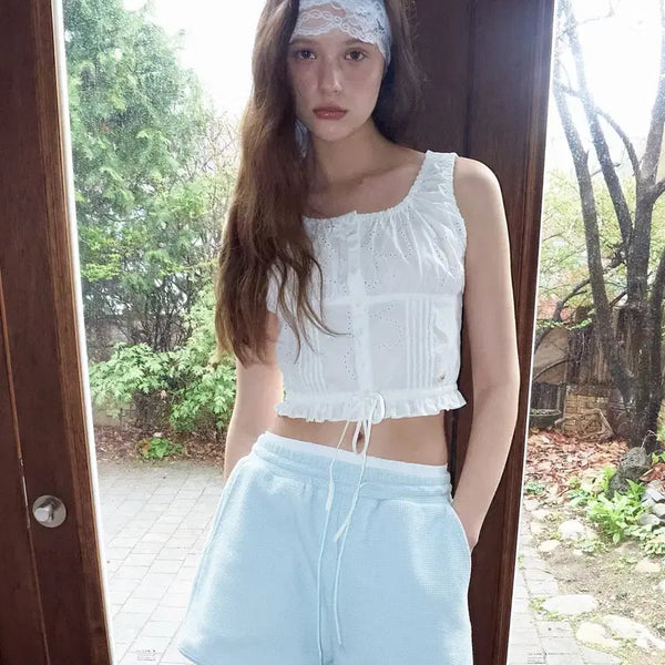 [BUNJANG] Rolleralola Crop Shirring Sleeveless Blouse White / 새상품) 로라로라 크롭 셔링 슬리브리스 블라우스 화이트