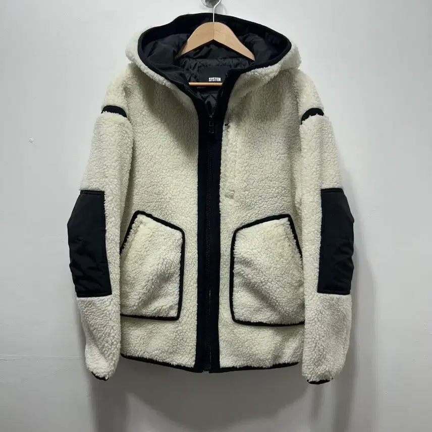 [BUNJANG] System Zip-Up Hoodie Jacket (Ivory/Black, L) / 시스템 뽀글이 후드집업 자켓 아이보리/블랙 L