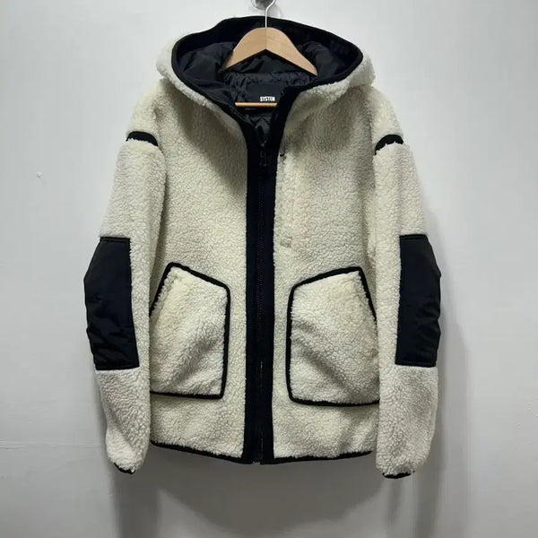 [BUNJANG] System Zip-Up Hoodie Jacket (Ivory/Black, L) / 시스템 뽀글이 후드집업 자켓 아이보리/블랙 L
