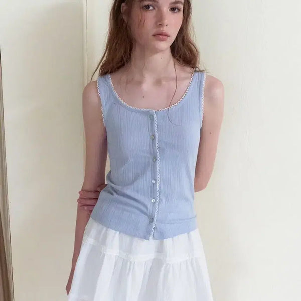 [BUNJANG] ETOMONG Lace Button Sleeveless Light Blue / 새상품) 에트몽 레이스 버튼 슬리브리스 라이트블루