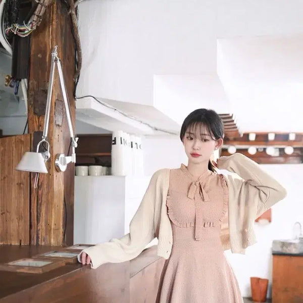 [BUNJANG] Milkcocoa Ribbon Babydoll Dot Cape Cardigan Dress Set / 밀크코코아 리본 베이비돌 도트 케이프 랩 가디건 원피스