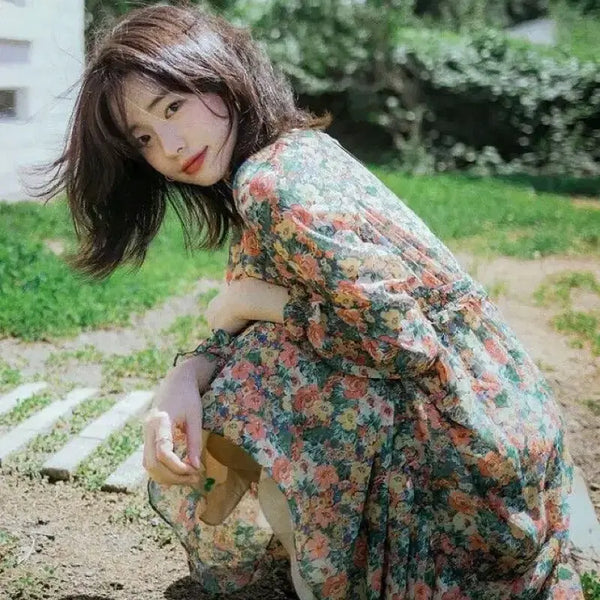[BUNJANG] Milkcocoa Green Flower Chiffon Long Dress / 밀크코코아 그린 플라워 쉬폰 롱 원피스 케이프 후드집업 그린