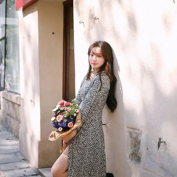 [BUNJANG] MilkCocoa Paris Wrap Square Neck Dot Pattern Long Slit Dress / 밀크코코아 파리 랩 스퀘어넥 도트 패턴 롱 트임 원피스