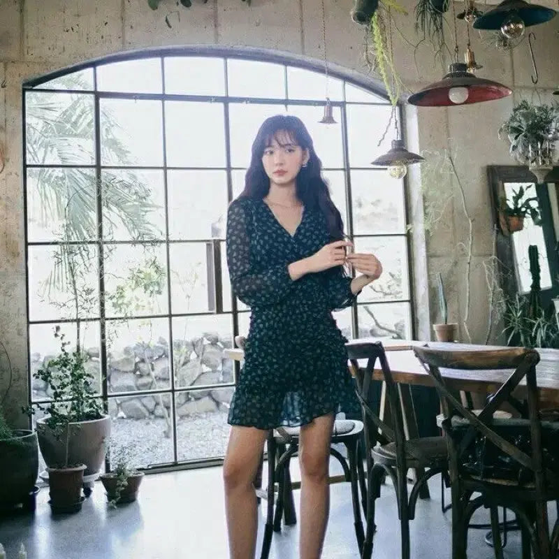 [BUNJANG] Milkcocoa Vintage Blue Shirring Wrap Ribbon Dress / 밀크코코아 빈티지 블루 셔링 랩 리본 원피스