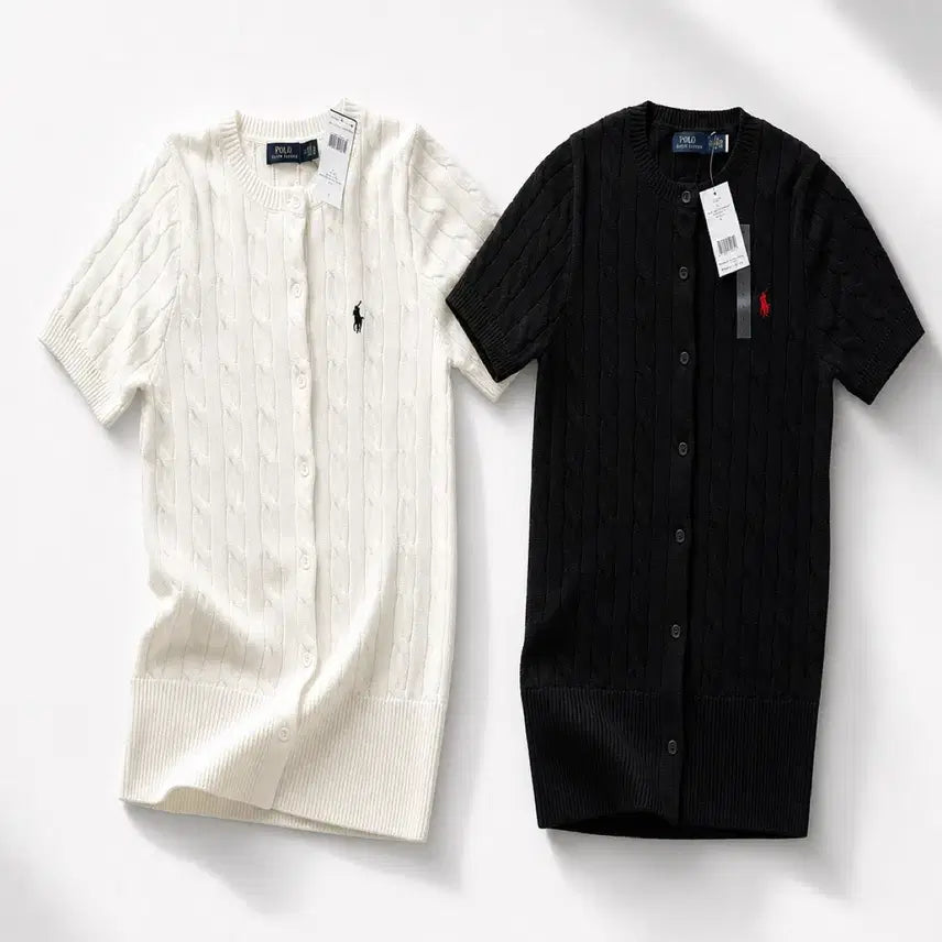 [BUNJANG] Polo Ralph Lauren Cable Knit Short Sleeve Cardigan / 폴로 랄프로렌 케이블 니트 반팔 가디건 화이트/블랙 꽈배기 가디건