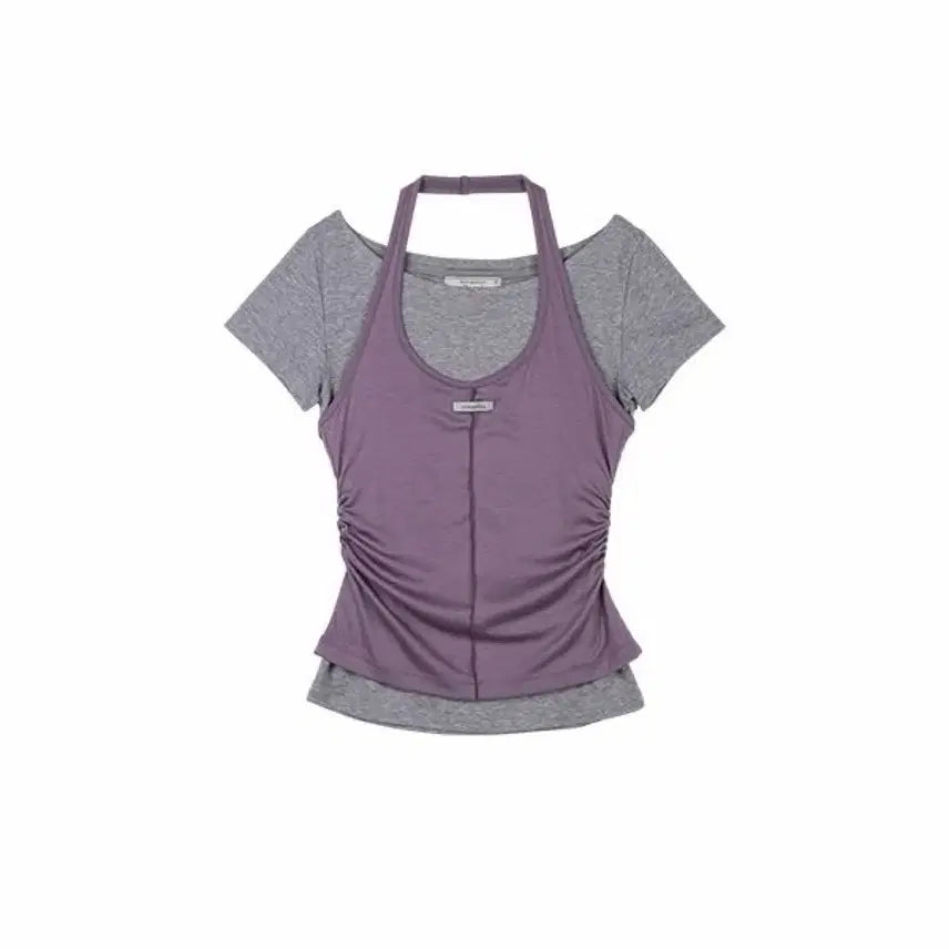 [BUNJANG] Roller-Rola Halter Layered T-Shirt Set Purple Melange Grey / 새상품) 로라로라 홀터 레이어드 티셔츠 세트 퍼플 멜란지그레이