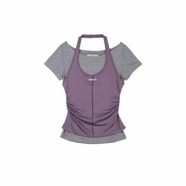 [BUNJANG] Roller-Rola Halter Layered T-Shirt Set Purple Melange Grey / 새상품) 로라로라 홀터 레이어드 티셔츠 세트 퍼플 멜란지그레이