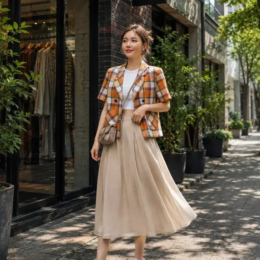 [BUNJANG] EllOosea Check Short-Sleeve Jacket / ELLOOSEA 체크 반팔 자켓