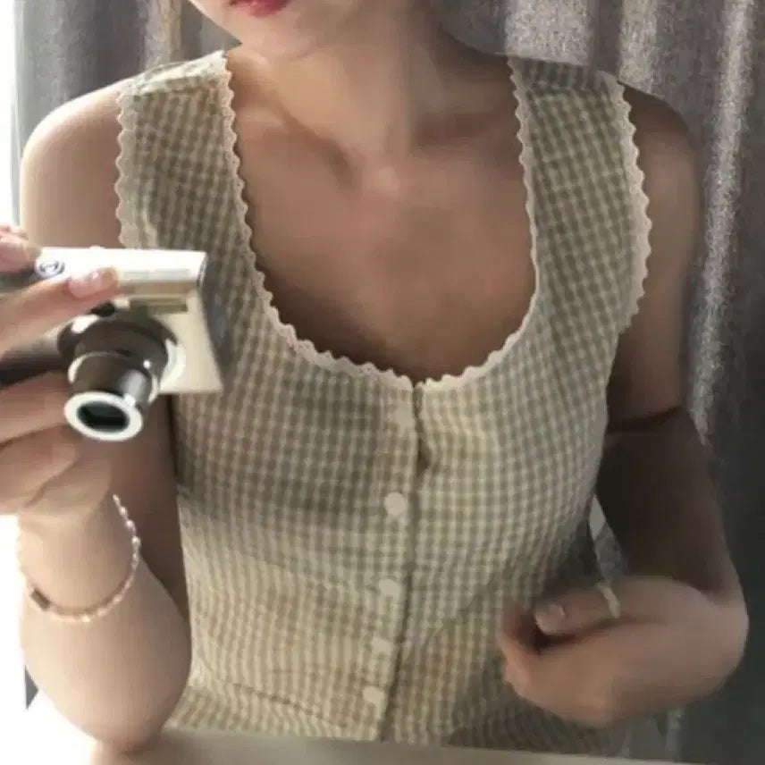 [BUNJANG] Green Lace Check Cami Top / 그린 레이스 체크 나시