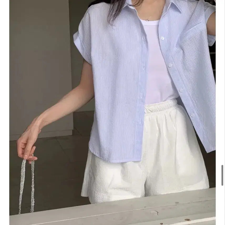 [BUNJANG] Stripe Roll-Up Short-Sleeve Shirt / 스트라이프 롤업 반팔셔츠