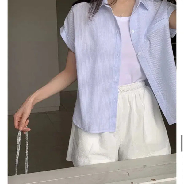 [BUNJANG] Stripe Roll-Up Short-Sleeve Shirt / 스트라이프 롤업 반팔셔츠