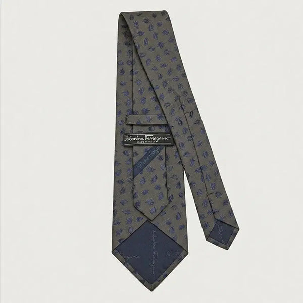 [BUNJANG] Salvatore Ferragamo Silk Necktie - Khaki Brown/Blue Leaf Pattern / 정품 살바토레 페라가모 실크 넥타이 (카키 브라운/블루 낙엽 패턴)