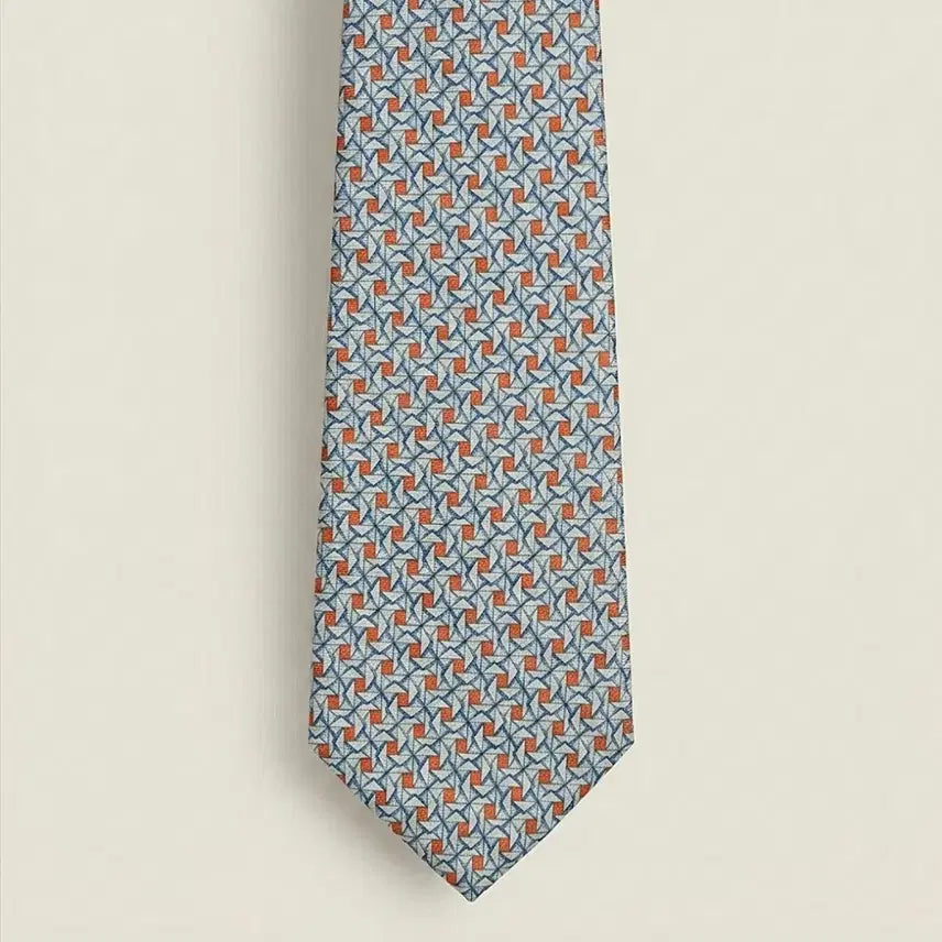 [BUNJANG] Dunhill Silk Necktie (Sky Blue/Orange Pattern) / 정품 던힐(Dunhill) 실크 넥타이 (하늘색/오렌지 패턴)