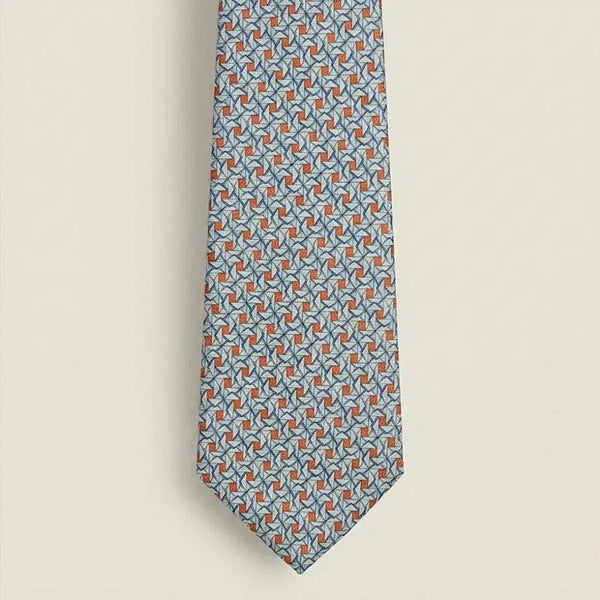 [BUNJANG] Dunhill Silk Necktie (Sky Blue/Orange Pattern) / 정품 던힐(Dunhill) 실크 넥타이 (하늘색/오렌지 패턴)