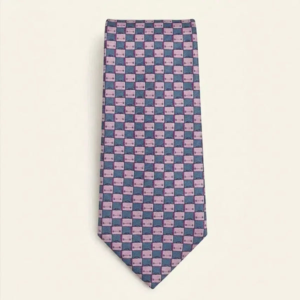 [BUNJANG] Dunhill Silk Necktie Navy/Pink Block Pattern / 정품 던힐(Dunhill) 실크 넥타이 (네이비/핑크 블록 패턴)