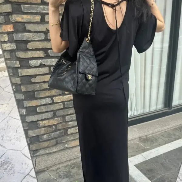 [BUNJANG] Puff Sleeve Open-Back Long Dress / (새상품)퍼프 뒷파임 롱원피스