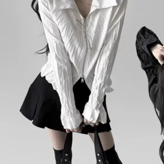 [BUNJANG] Geek Chic White Shirt Zip-Up Cardigan with Wrinkle Texture and Two-Way Collar / 긱시크 화이트 셔츠 집업 링클 텍스처 투웨이 카라 가디건 살안타 간절기