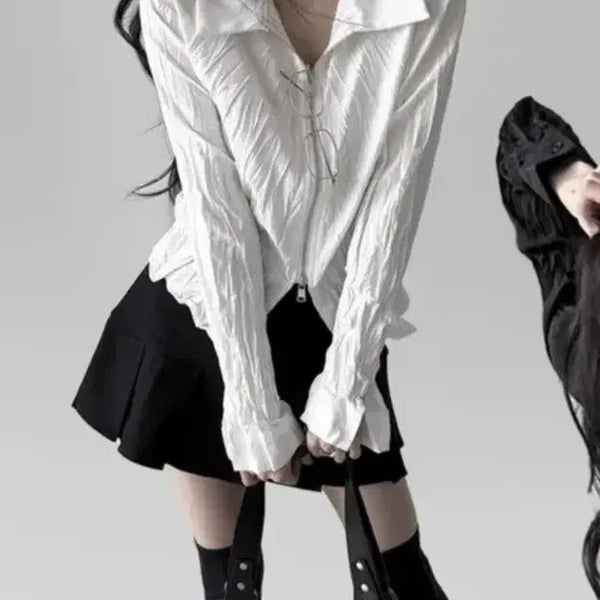 [BUNJANG] Geek Chic White Shirt Zip-Up Cardigan with Wrinkle Texture and Two-Way Collar / 긱시크 화이트 셔츠 집업 링클 텍스처 투웨이 카라 가디건 살안타 간절기