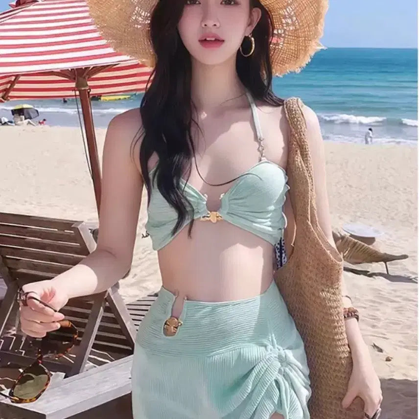 [BUNJANG] Mint Shirring Bikini 3-Piece Set / 민트색 셔링 비키니 3피스 세트 (새상품)