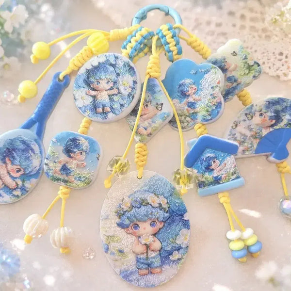 [BUNJANG] Oil Painting Style Beaded Keyring with Dimoo, Sky Blue Flower / 유화느낌 매듭 비즈키링 (디무 하늘 꽃)