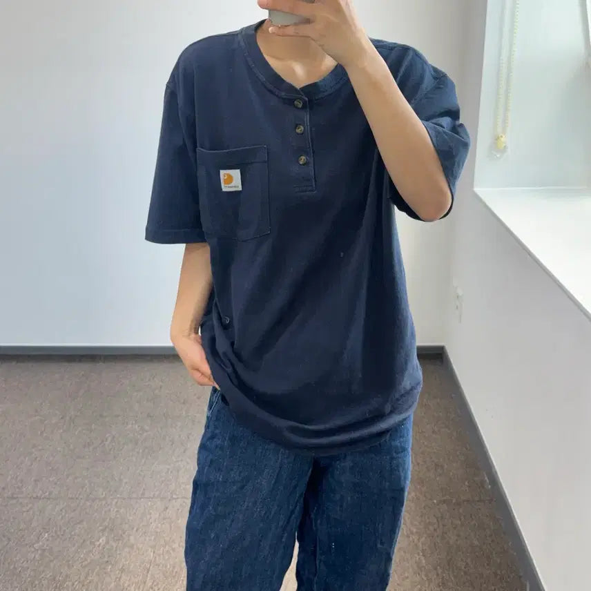 [BUNJANG] Carhartt Henley One Pocket T-Shirt Navy / Carhartt 칼하트 헨리넥 원포켓 네이비 반팔