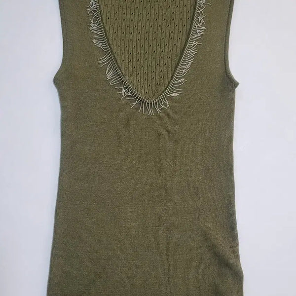 [BUNJANG] Egoist Khaki Sleeveless Knit V-Neck with Bead Embellishment / 에고이스트 카키민소매니트