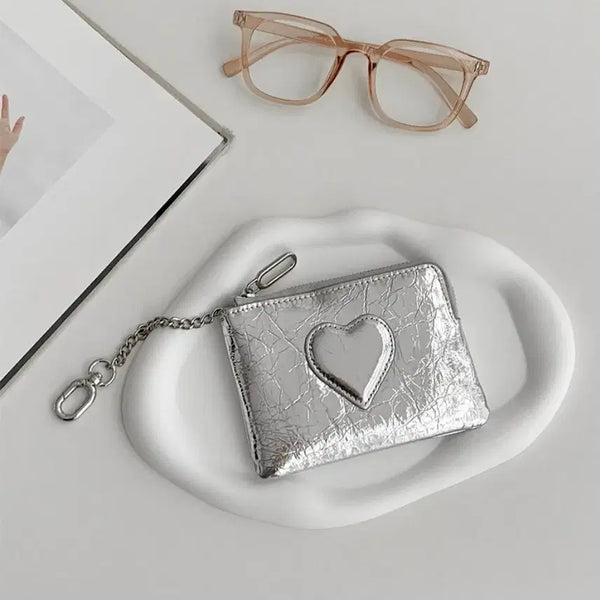 [BUNJANG] Heart Embellished Cowhide Leather Card Wallet with Chain Strap / 하트 장식 실버 카드 소가죽 지갑