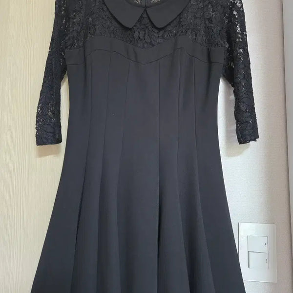 [BUNJANG] Black Lace Collar 7/10 Sleeve Mini Dress (Size 44-55) / 섹시한 홀복 블랙 레이스 카라 칠부 원피스 44-55