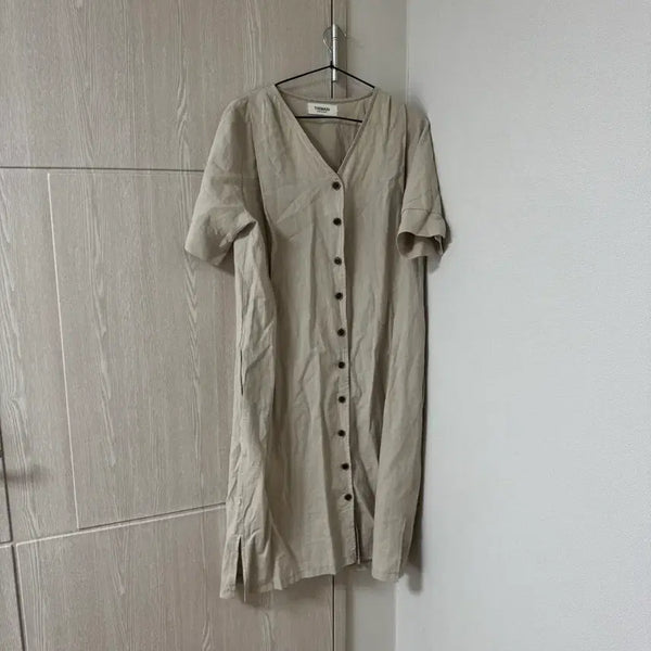 [BUNJANG] Modern Beige Linen Short-Sleeve Dress / 모던한 베이지 린넨 반팔 원피스