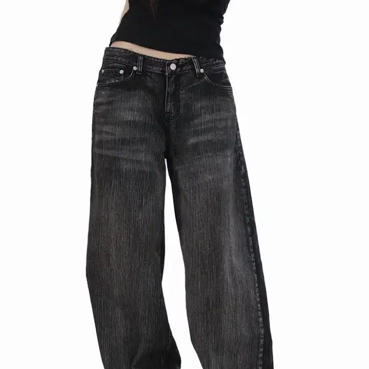 [BUNJANG] Chicwin OOT Low Rise Semi-Wide Black Denim Pants / 시크윈 oot 로우라이즈 세미 와이드 흑청 데님팬츠