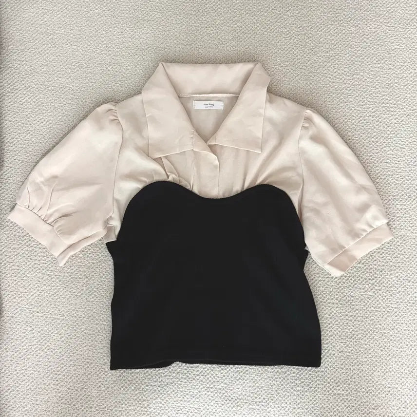 [BUNJANG] Chiffon Color Block Short Sleeve Blouse / 쉬폰 배색 카라 반팔 블라우스