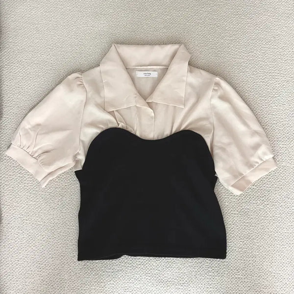 [BUNJANG] Chiffon Color Block Short Sleeve Blouse / 쉬폰 배색 카라 반팔 블라우스