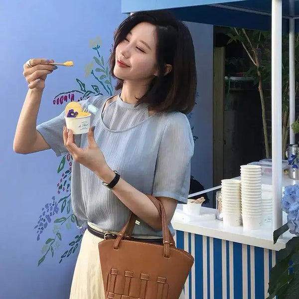 [BUNJANG] LOEUVRE Halter Layered Wrinkle Blouse (Blue, Size S) / 루에브르 홀터 레이어드 링클 블라우스 (블루 / S사이즈)
