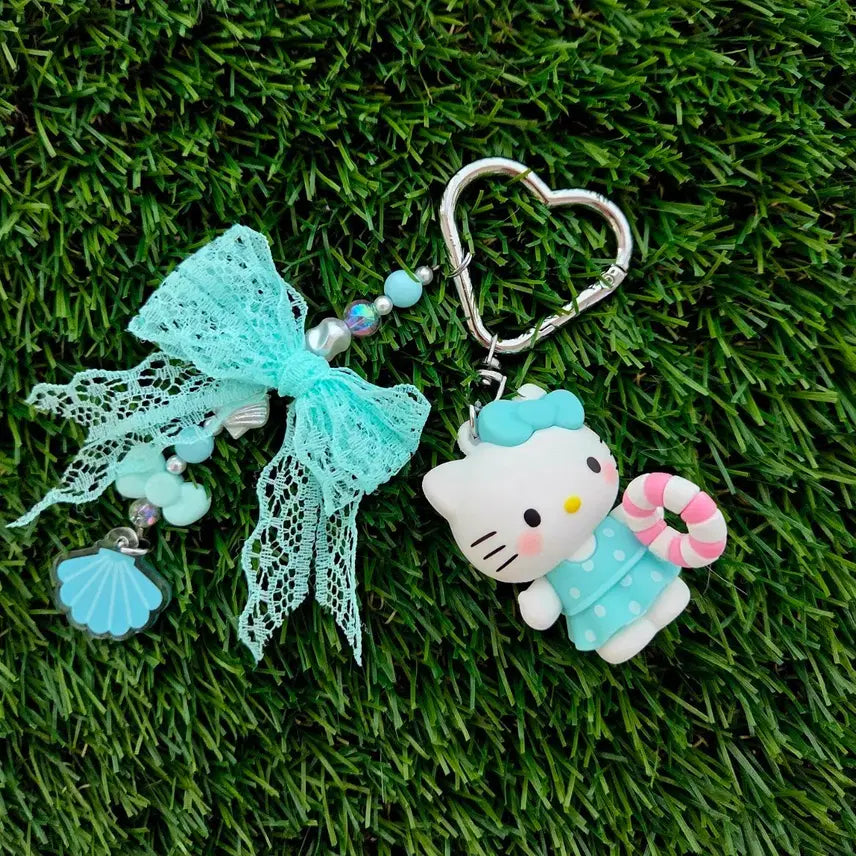 [BUNJANG] Authentic Summer Mint Lace Ribbon Kitty Heart Bag Charm / 정품 여름 민트 레이스 리본 키티 하트 가방 키링