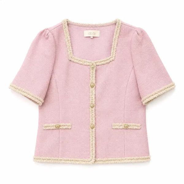 [BUNJANG] Ab.fz Pink Square Neck Short Sleeve Tweed Jacket / ab.f.z 핑크 스퀘어넥 반팔 트위드자켓