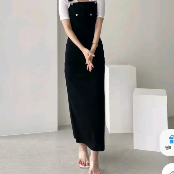 [BUNJANG] Black Suspender Long Dress / 블랙 멜빵 롱 원피스