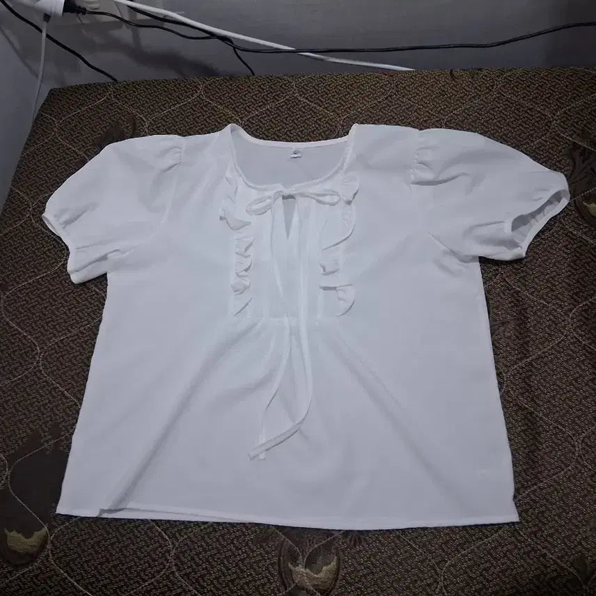 [BUNJANG] Ribbon Blouse White Short Sleeve Blouse / 리본 블라우스 화이트 반팔블라우스