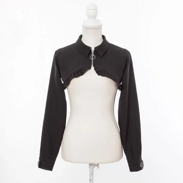 [BUNJANG] Dear My Love Square Buckle Zipper Short Blouse (Bolero Top) - Black M / 디어마이러브 스퀘어 버클 지퍼 숏 블라우스(볼레로 탑) / 블랙 M