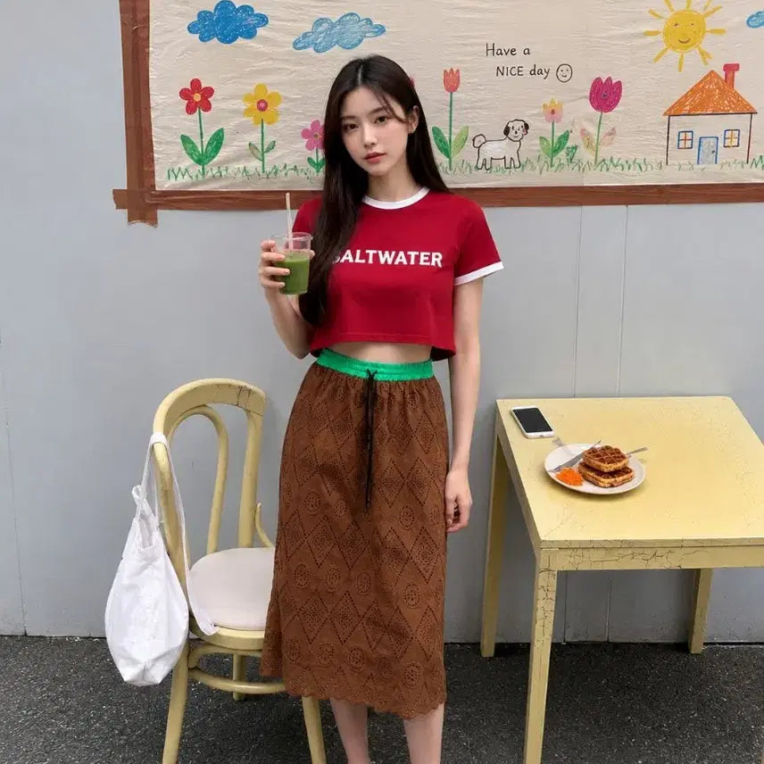 [BUNJANG] BANY ANCO Punch Eyelet Long Skirt Brown / BANY ANCO 펀칭 아일렛 롱스커트 허리밴딩 브라운