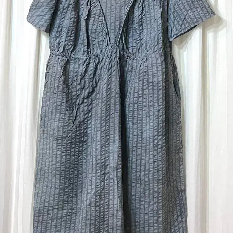 [BUNJANG] Seersucker Check Short Sleeve Dress One Size / 시어서커 그레이 반팔 원피스 프리사이즈