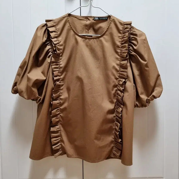[BUNJANG] ZARA Frill Puff Sleeve Blouse - Brown (M) / ZARA 프릴 퍼프 블라우스 M 브라운