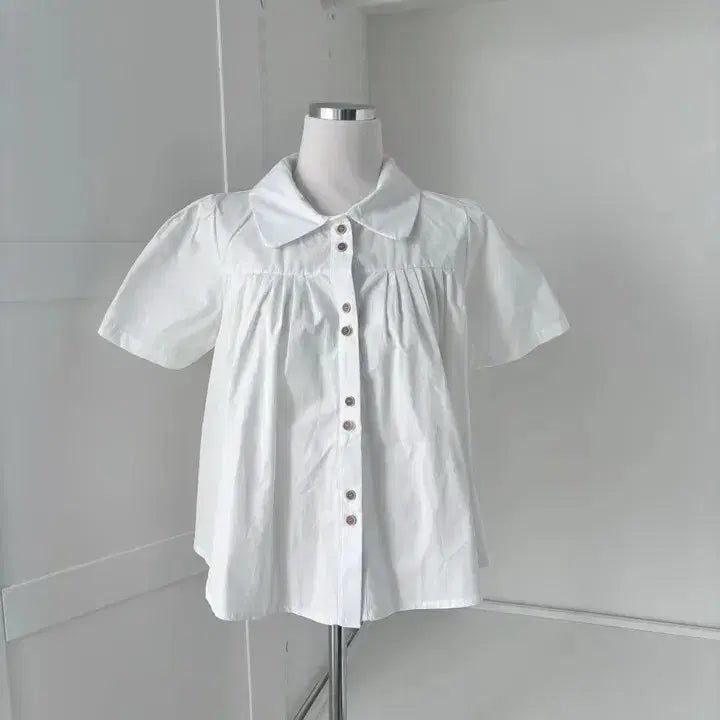 [BUNJANG] Shirring Short Sleeve Pintuck Blouse - Ivory / 셔링 반팔 핀턱 블라우스 아이보리