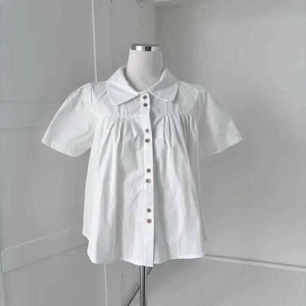[BUNJANG] Shirring Short Sleeve Pintuck Blouse - Ivory / 셔링 반팔 핀턱 블라우스 아이보리