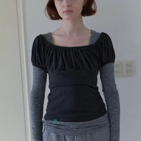 [BUNJANG] Nocontents Shirring Layered T-Shirt Set / 노컨텐츠 셔링 레이어드티 세트