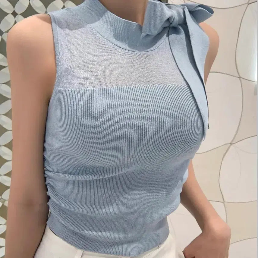 [BUNJANG] Ribbon Sheer Shirring Knit Sleeveless Top - Light Blue / 새상품 소라색 리본 시스루 셔링 니트 민소매 수입의류