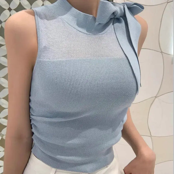 [BUNJANG] Ribbon Sheer Shirring Knit Sleeveless Top - Light Blue / 새상품 소라색 리본 시스루 셔링 니트 민소매 수입의류