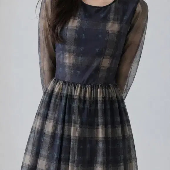 [BUNJANG] Valentino Check See-Through Puff Sleeve Dress / 발렌티노 체크 시스루 퍼프소매 원피스
